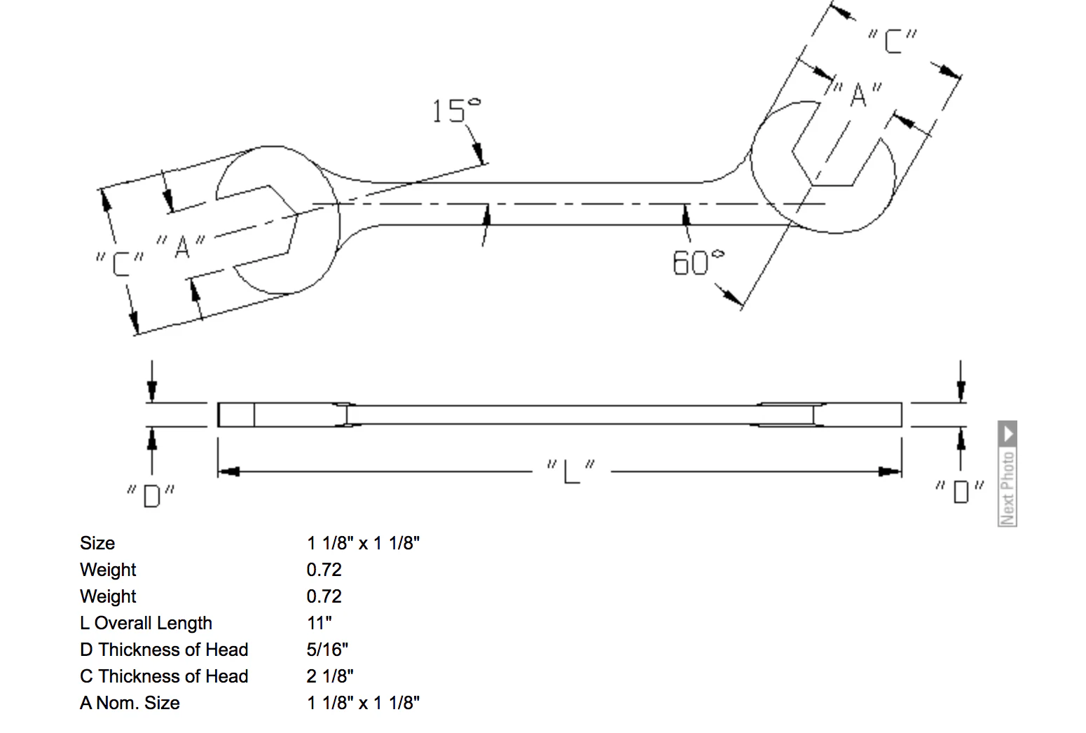 1-1/8" x 1-1/8" Open End Wrench Double Angle 15 & 60 Degree (1384WR) - Image 3