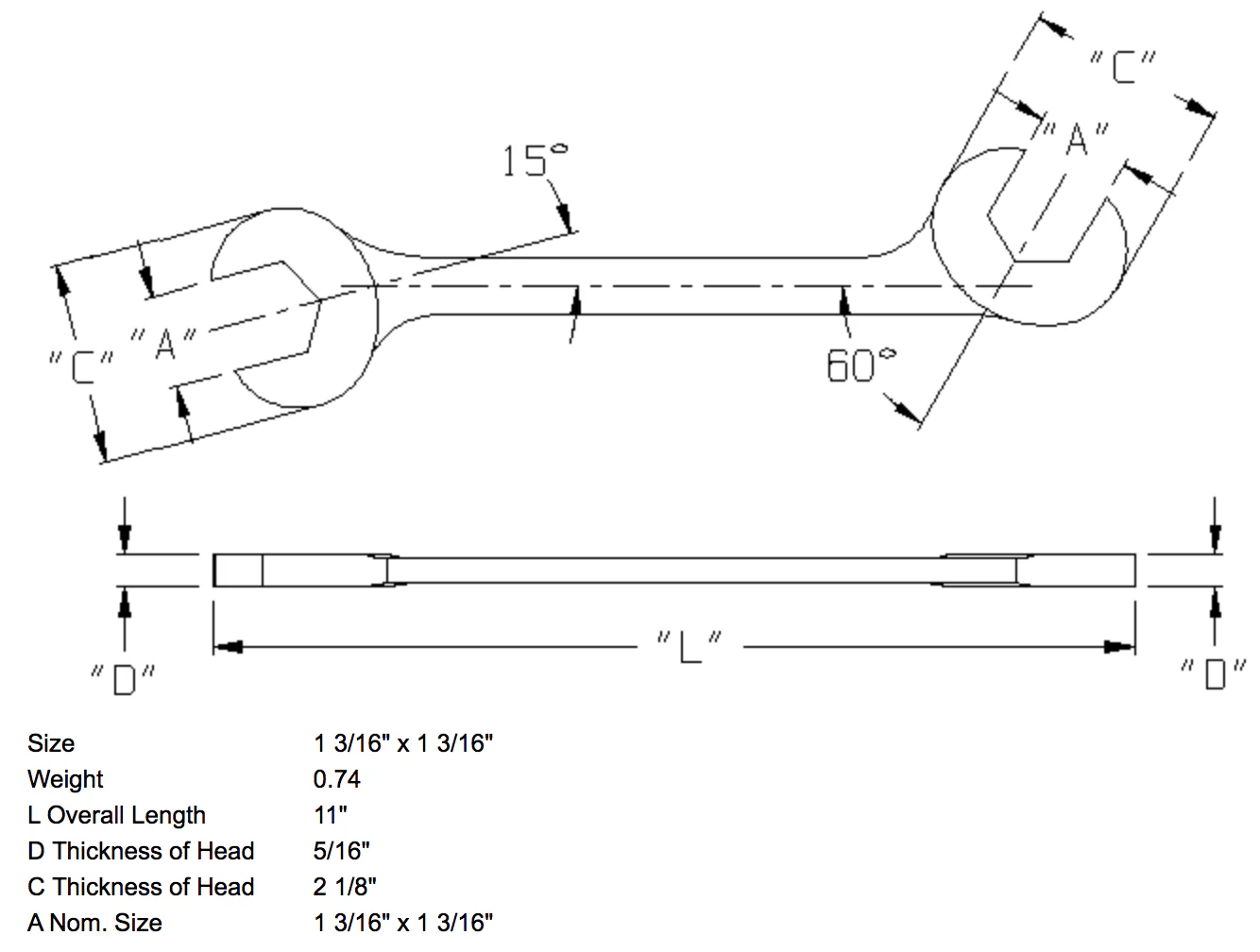 1-3/16" x 1-3/16" Open End Wrench Double Angle 15 & 60 Degree (1385WR) - Image 2