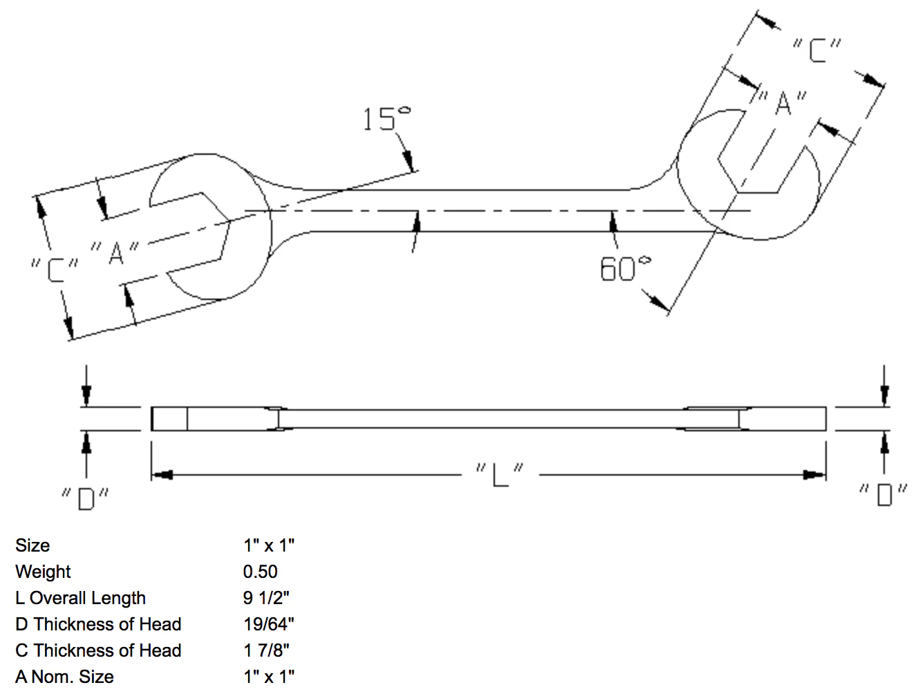 1" x 1" Open End Wrench Double Angle 15 & 60 Degree (1382WR) - Image 2