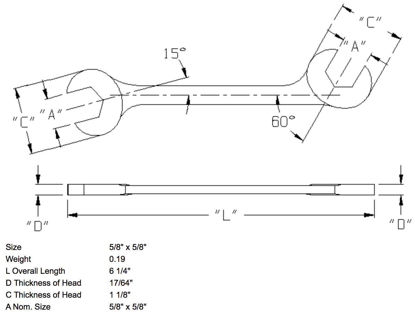5/8" x 5/8" Open End Wrench Double Angle 15 & 60 Degree (1370WR) - Image 3